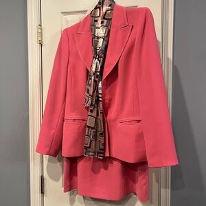 Le Suit Vibrant Pink Blazer and Skirt Set with Scarf